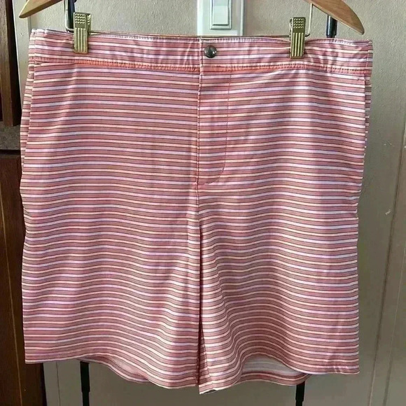 NWOT Men's Lands‎ End Lined 7" Hybrid Swim Shorts Trunks Orange Stripe  M 32-34 - Picture 1 of 11